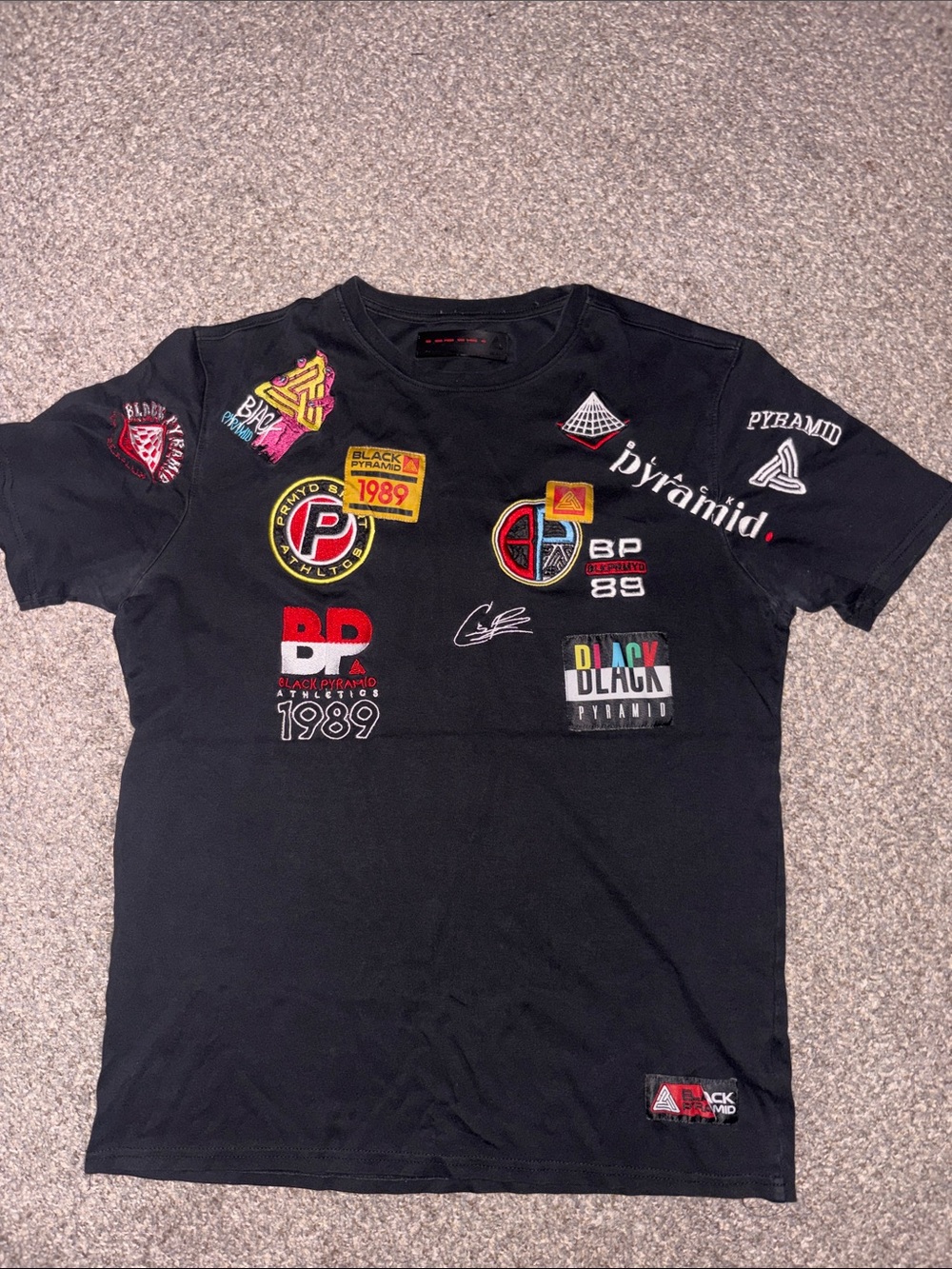 Black Pyramid Black Short Sleeve Tee with Multicolor Logo Patches